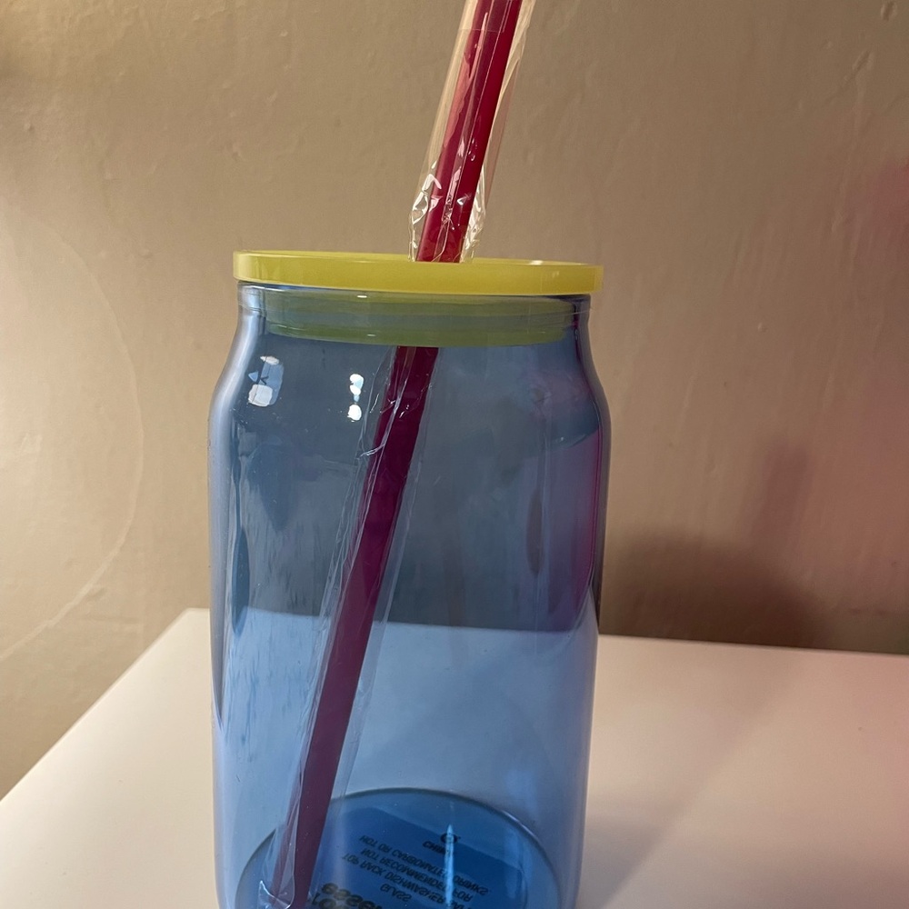 Blue Glass Straw Tumbler with Red Straw